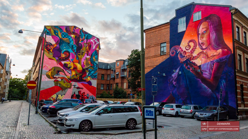 Sweden. Wall mural on the houses at the intersection of Grynbodgatan ...